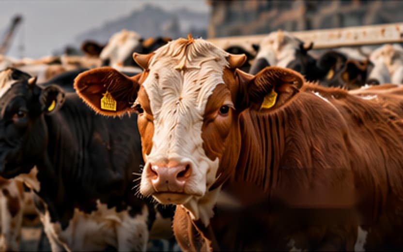 Brown and white cattle with ear tags