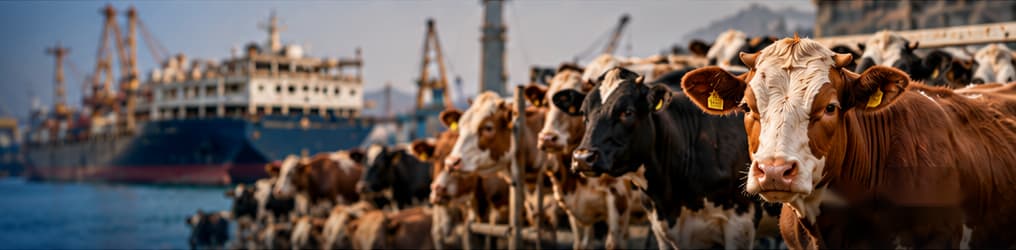 Cattle in the foreground with a livestock carrier ship and port cranes behind