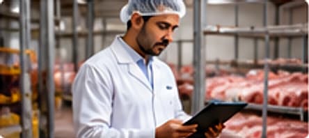 Quality inspector in a white coat and hairnet reviewing a tablet in a meat processing facility