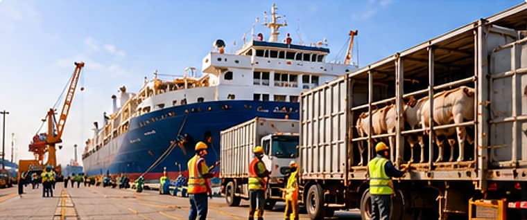 Livestock carrier ship at the quayside with trucks loading cattle